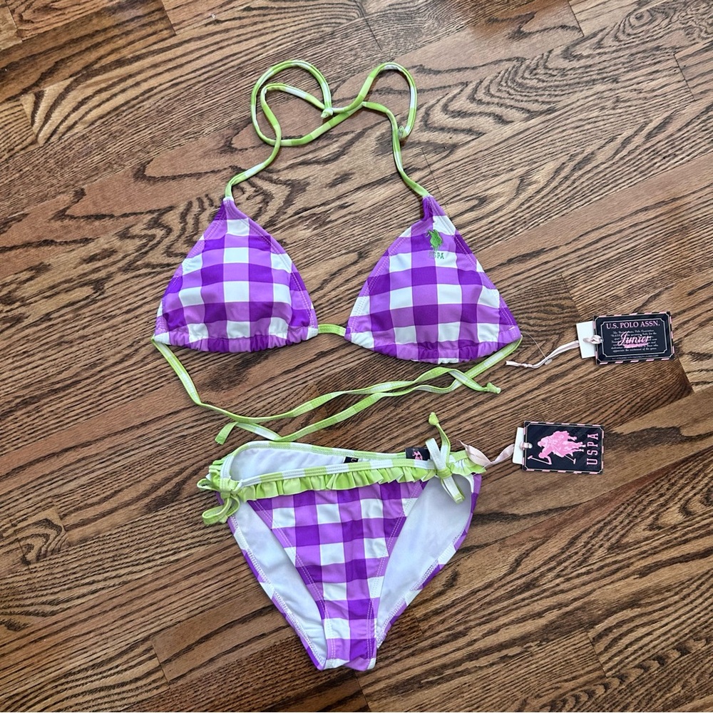 USPA NWT bikini junior large top medium bottom purple green gingham ruffle plaid